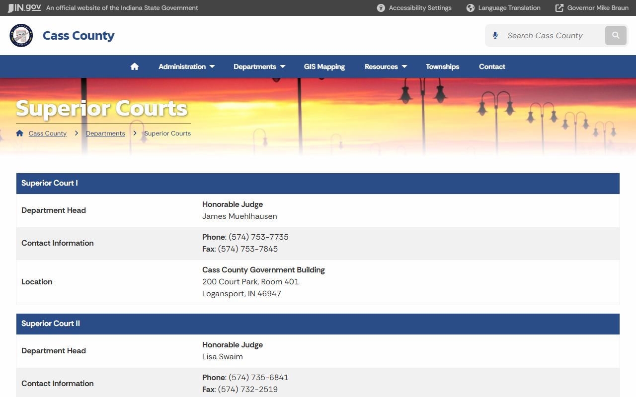 Cass County Circuit and Superior Courts Superior Court page