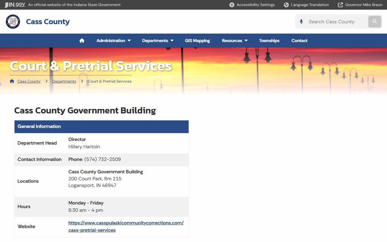 Cass County Circuit and Superior Courts Court and Pretrial Services page
