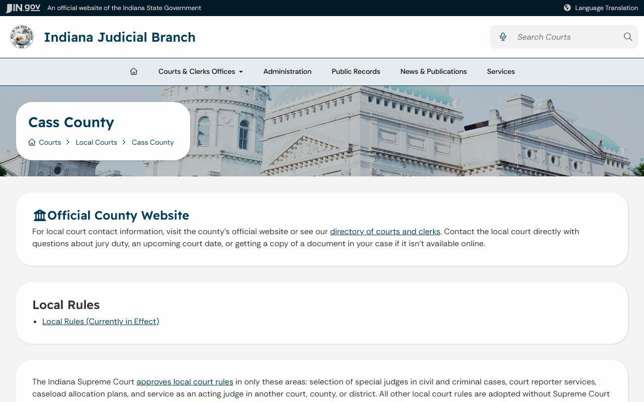Cass County Court records Indiana local courts page