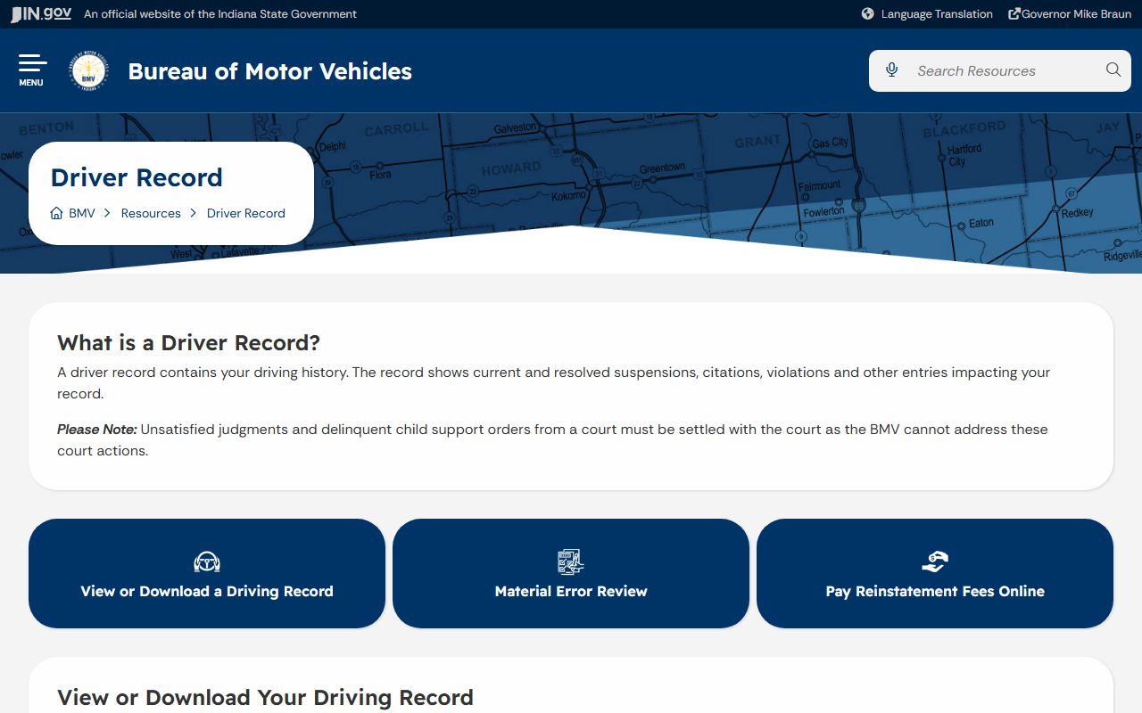 Cass County traffic court records Indiana BMV driver record page