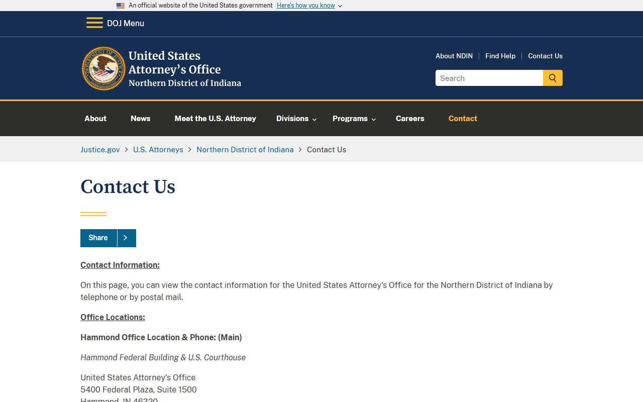 Cass County warrant records U.S. Attorney Northern District of Indiana contact page